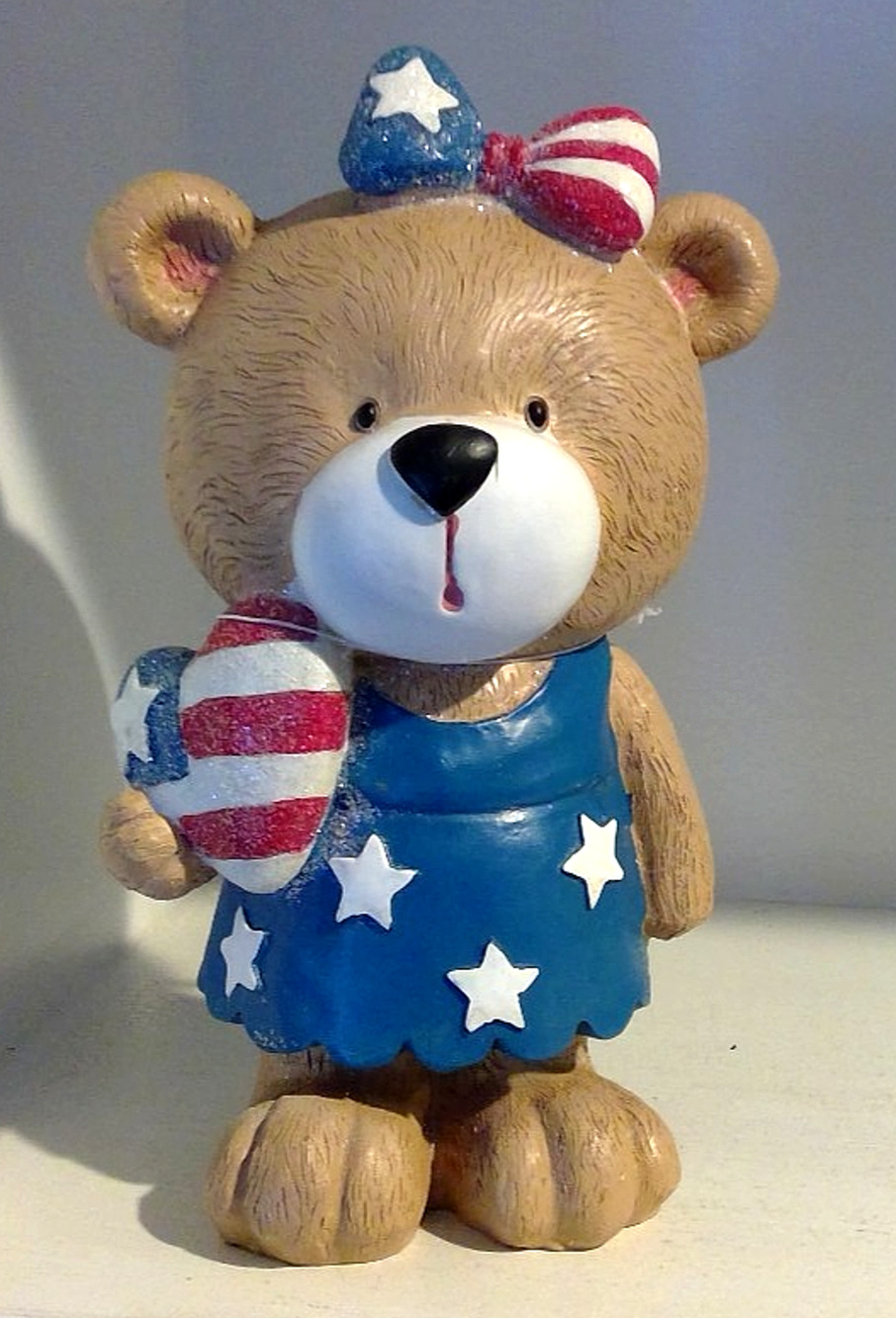 Fourth Of July Bear Statue/Figurine With Glitter Bow & Heart 9.75" Tall